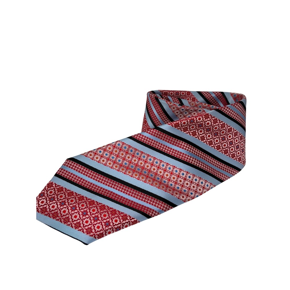 Barcelona Cravatte Mens Tie Red Blue Geometric Striped Microfiber Necktie